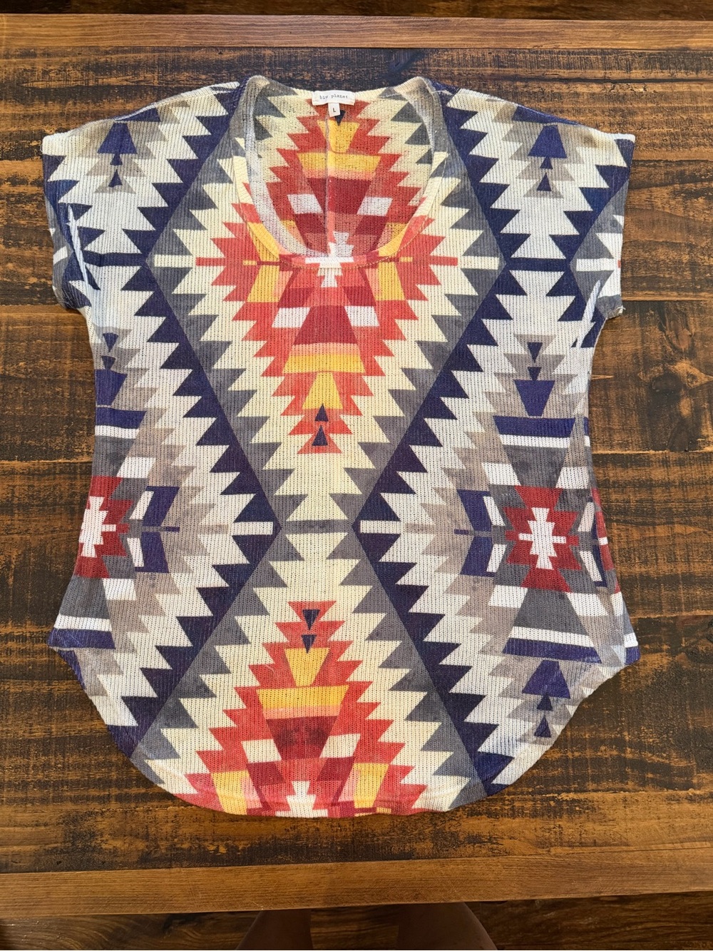 Blu Planet Aztec V‑Neck Short Sleeve Tee in Red, Yellow, Navy, Cream